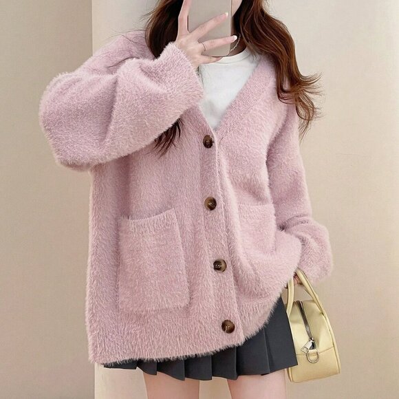 Pink Casual Women's button down Knit  Sweater Cardigan - Picture 3 of 7